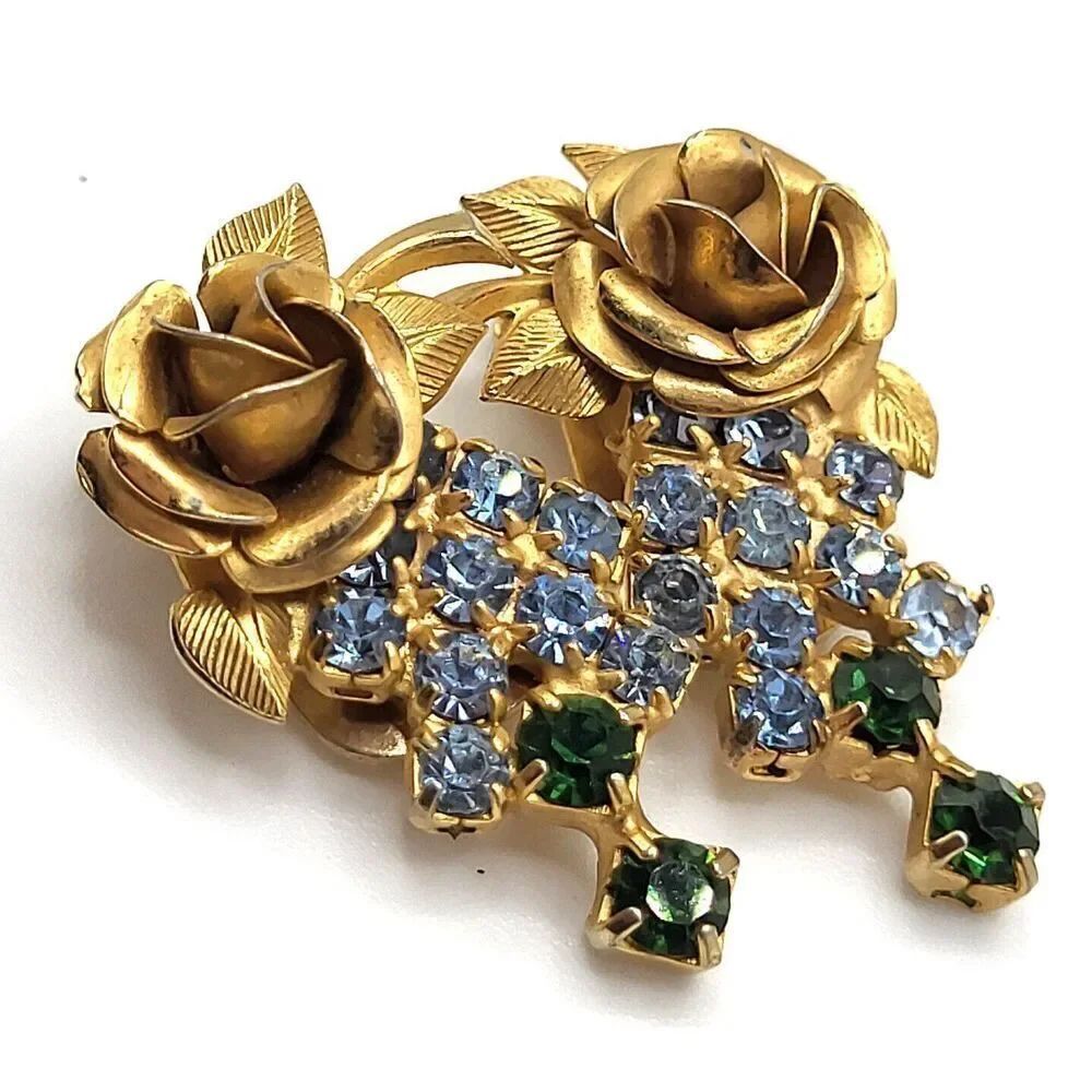 Rose Gold Clip On Earrings Pastel Blue, Emerald 1.25in
